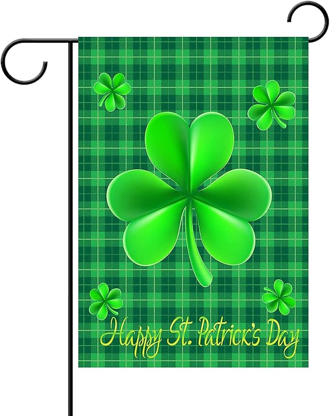 WENWELL Happy St Patricks Day House Garden Flags,Shamrock Buffalo Check Plaid Rustic Burlap Yard Sign Decorations,Spring Banners for Outdoor 12 x 18 Inch Double Sided (Green)