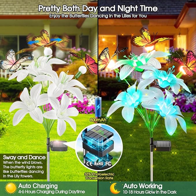 Garpar Solar Lights Outdoor Decorative, Upgraded 4 Pack Flowers with 16 Color Changing Lilies and 12 Butterflies, Brighter Waterproof Garden Decor for Yard Lawn Pathway, Mom Women Grandma Gift