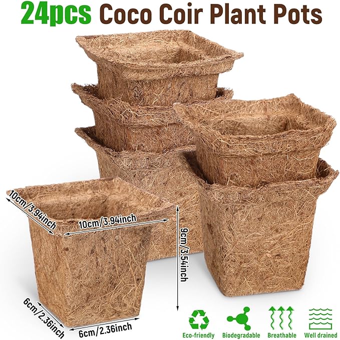 24pcs Coco Coir Plant Pots Biodegradable Seed Starter Cups, Coco Peat Seedling Cups Plant Nursery Cup Organic Coir Peat Pots for Seedlings, Herbs, Indoor/Outdoor Gardening