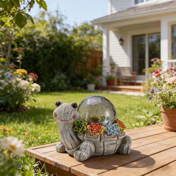 Solar Turtle Garden Statue Lights for Outdoor Decor with Cracked Glass LED Figurine Lighting Resin Succulent Tortoise Decorations Patio Lawn Yard Housewarming Mom Gifts (Grey, Large)