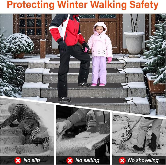 3 Pcs Heated Snow Melting Mats, 10 x 30 in No-Slip Rubber Heated Outdoor Mats, Snow and Ice Melting Mats for Winter Outdoor Stairs, Steps, Doorways,Walkways, Driveway, 2 in/h Melting Speed