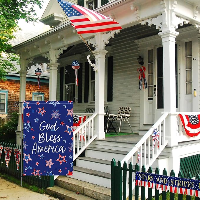 Louise Maelys God Bless America Garden Flag 4th of July Patriotic Independence Day 12x18 Inch Double Sided Stars and Stripes Small Burlap Yard Sign Outside Outdoor House Decoration
