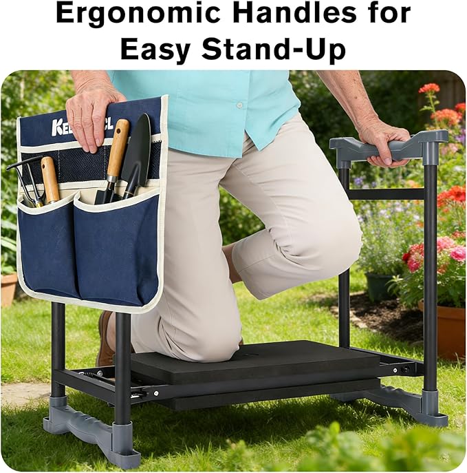 Garden Kneeler and Seat with Umbrella, 2-in-1 Foldable Gardening Stool with Adjustable Bracket, Detachable Tool Bags, Heavy Duty Kneeling Pad for Gardening (Beige Blue)