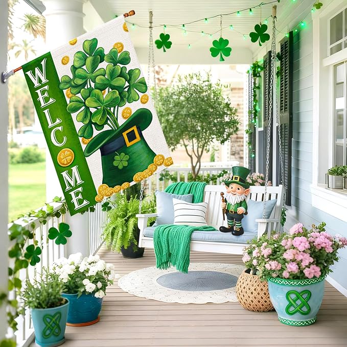 Welcome St Patricks Day House Flags Burlap 28x48 Double Sided, Green Hat Lucky Shamrocks Gold Coin Holiday Party Sign Large Flag Yard Outdoor Decor DF658-28