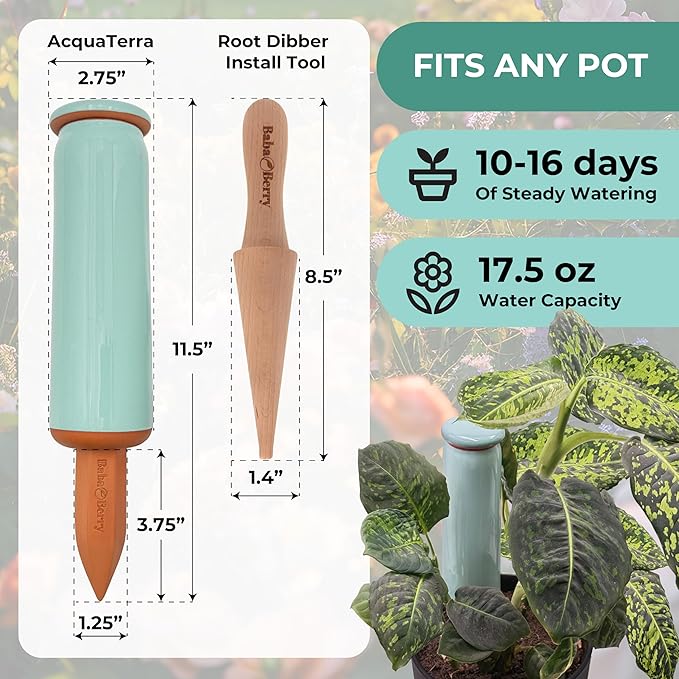 Terracotta Watering Spikes 2 Pack 17.5oz Capacity Plant Watering Devices Self Watering Spikes Large Plant Watering Globes Self Watering Planter Insert AcquaTerra with Root Dibber Installer