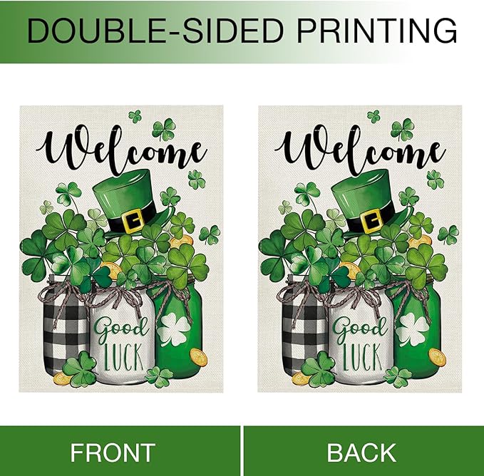 Hzppyz Welcome St Patricks Day Garden Flag Double Sided, Lucky Shamrock Clover Mason Jar Decorative Yard Outdoor Home Small Decor, Irish Spring Top Hat Gold Coin Burlap Outside House Decoration 12x18
