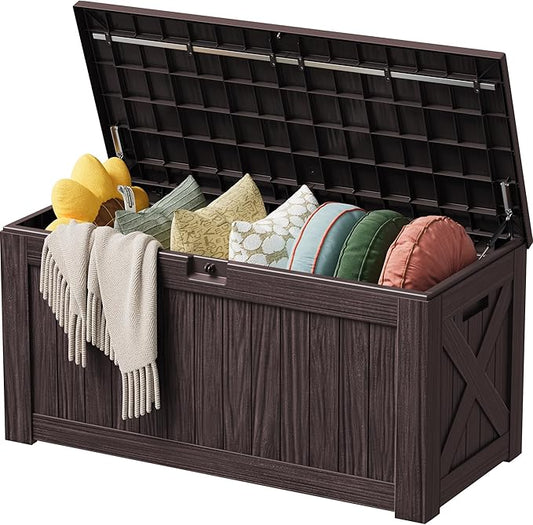 Devoko 125 Gallon Outdoor Storage Box, Waterproof Resin Deck Box for Patio Furniture, Lockable Container for Garden Cushions & Pool Supplies (Brown, 125 Gallon)