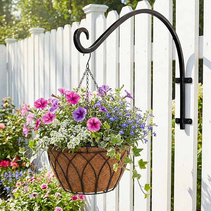 Heavy Duty Hanging Plant Bracket: 50lbs Weight Capacity - Black Metal Plant Hangers for Outside, 16 Inch Outdoor Wall Hooks for Large Bird Feeder, Lanterns, Wind Chimes, Flower Baskets