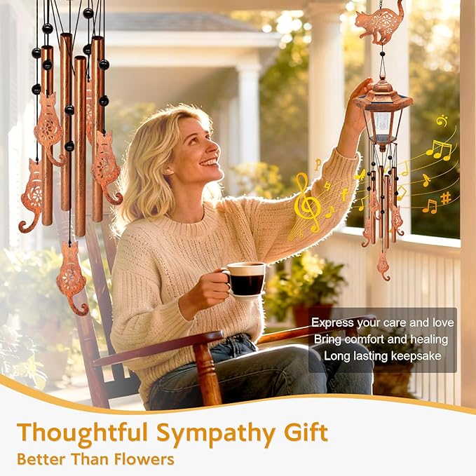 Large Solar Cat Wind Chimes with Wind Catcher/Solar Decor Light to Create a Zen Atmosphere Suitable for Outdoor, Garden, Patio Decor Classic Bronze Wind Chimes as A Sympathy/Memorial Gift for Unisex