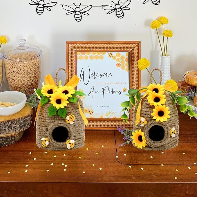 Sunflowers Bee Hive Decor, 2 Pack Farmhouse Honey Comb Bee House Decorations, Spring Summer Rustic Sunflowers Bees Themed Decorations for Home, Farmhouse Bees Kitchen Table Tiered Tray Decor