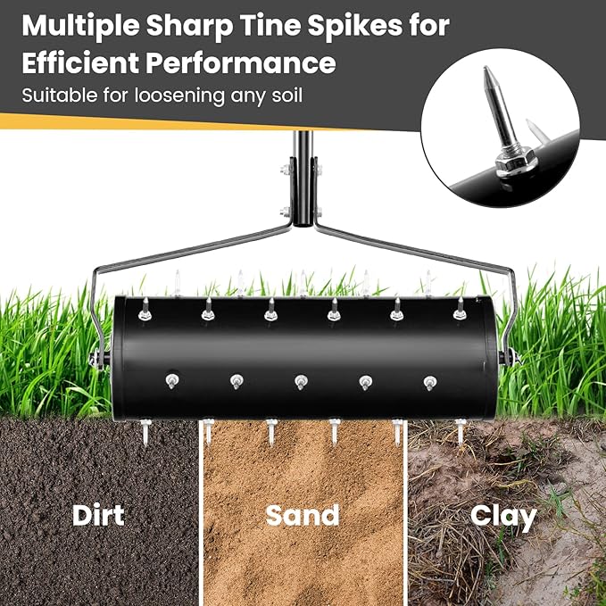 Goplus Rolling Lawn Aerator, 21-Inch Garden Yard Rotary Push Tine Filled Sand Stone, Heavy Duty Spike Soil Aeration w/Metal Handle, Fillable Drum 51" Manual Lawn Aeration Tool Garden Grass Patio Yard