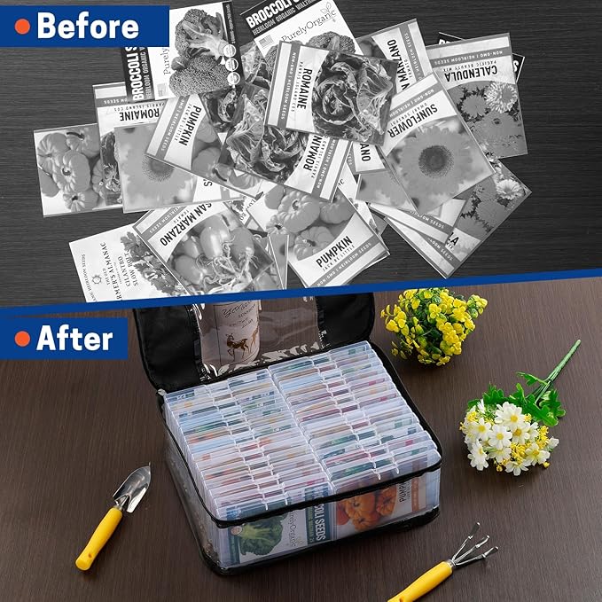 28 Slots Seed Storage Organizer Box with Clear Zipper Bag, Garden Seed Containers for Flower Vegetable Plants, Photo & Card Storage Case