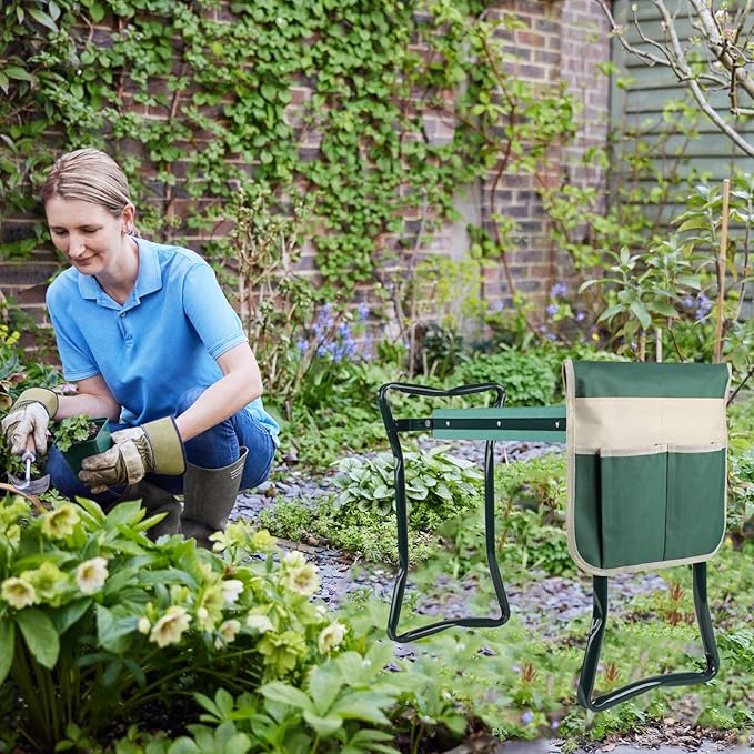 Garden Kneeler and Seat Foldable Gardening Bench Stool with Tool Bag Pouch EVA Foam Pad Outdoor Practical Garden Tools for Kneeling and Sitting Sturdy and Lightweight, Green