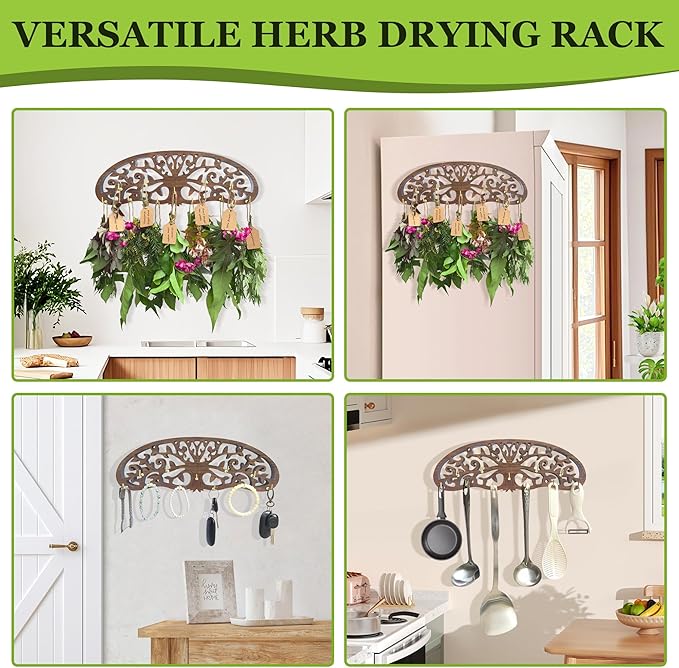Rustic Herb Drying Rack Hanging,Wooden Tree of Life Dried Herb Flowers Rack Wall Art,Home Kitchen Witch Decor Wall Flowers Grass Gift,with 11 Hooks and 25 Gift Cards & 40 Inch Twine