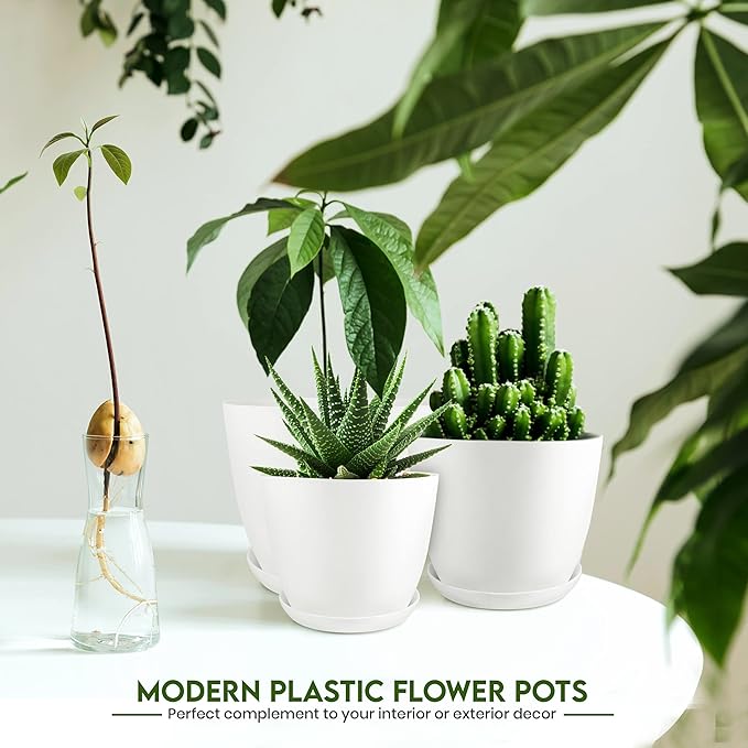 Utopia Home Plant Pots Indoor with Drainage Holes – Set of 5 White Plastic Flower Pots (7/6.6/6/5.3/4.8 Inch) – Modern Planters for Indoor Plants, Room & Office Décor, Great Stocking Stuffers