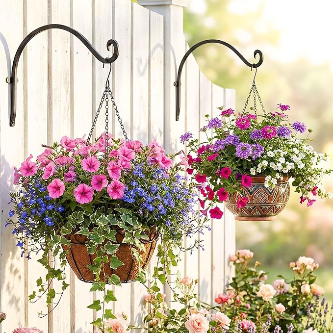 Hanging Plant Brackets Outdoor: 2 Pack 12 Inch Metal Plant Hangers Wall Hooks - Can Hold 50 Lbs Heavy Duty Outdoor Hooks for Hanging Bird Feeders, Flower Baskets, Lanterns, Wind Chimes