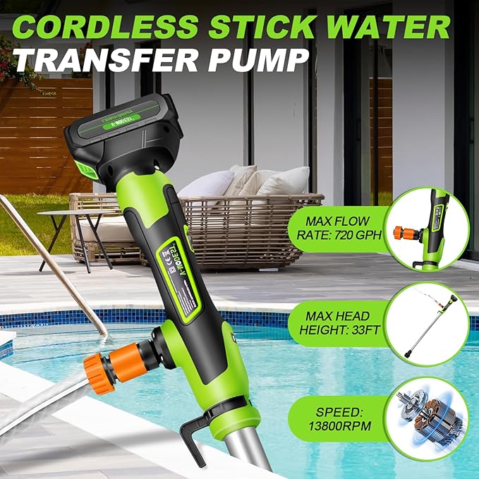 Cordless Stick Water Transfer Pump, Stick Transfer Pump 4.0Ah 21V Battery Powered Portable Water Pump, 720GPH, 33FT Head, Stick Pump Utility with 3/4" Outlet, for Pool/Garden/Rain Barrels