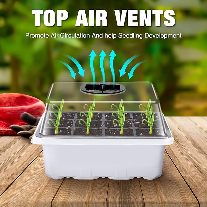 Delxo 10 Pack Seed Starter Kit with Humidity Domes - 120 Cells Seedling Trays with Adjustable Vents & Base - Reusable Plant Germination Trays for Seed Starting - Includes Plant Tags & Garden Tools
