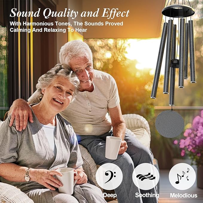 Big Grey Wind Chimes for Outside Deep Tone, Personalized Metal WindChimes Tuned Melodic Music Sound Outdoors for Garden Patio Home with Rewritable Wind Catcher