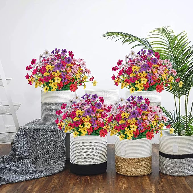 Lnoicy 12 Pcs Artificial Flowers for Outdoor,Plastic Flowers Decoration, UV Resistant Faux Flowers Shrubs, Artificial Plants for Indoor Outside Garden Home Wedding Farmhouse（6 Color）