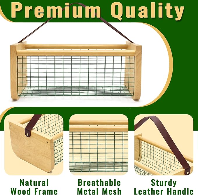 Garden Hod Harvest Basket, 16 x 10 x 7in Gardening Harvest Baskets with Leather Handle, Solid Wood with PVC Wire Mesh, Garden Baskets for Gathering Vegetables