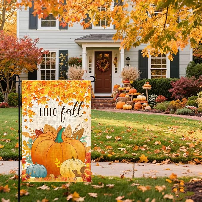 Hello Fall Pumpkin Leaf Garden Flag 12x18 Inch, Double Sided Autumn Thanksgiving Holiday Burlap Yard Flag for Outdoor Decoration