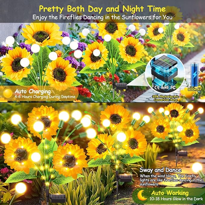 Garpar Garden Lights Solar Powered, Upgraded Bigger Solar Sunflowers with Swaying Firefly Lights, Brighter Waterproof Solar Yard Lights for Outdoor Garden Pathway Patio Lawn Backyard, Gift, 2Pack
