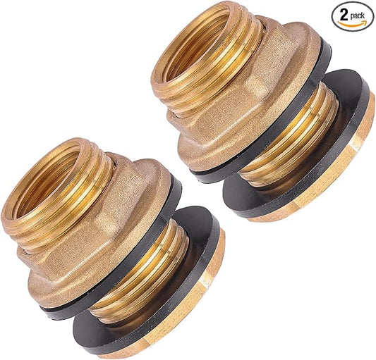 2 PCS Bulkhead Fitting,Solid Brass,1/2" NPT Female 3/4" GHT(Garden Hose Thread Connection) Male Water Tank Connector for Rain Barrels, Aquariums, Water Tanks