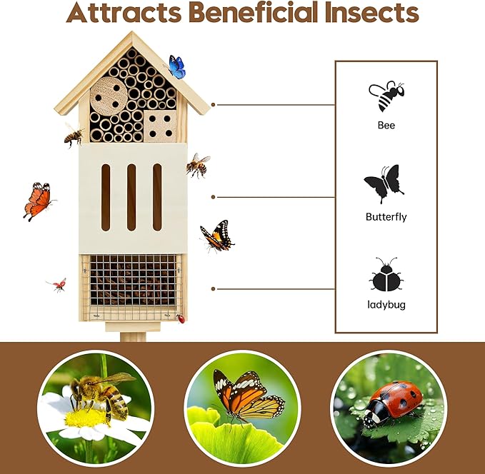 Bee House Bug Hotel & Butterfly House with Stake, Handcrafted Wooden Ladybug Hotel, Natural Insect Habitat for Garden, Patio, or Yard, Attracts Pollinators, 10.4 x 5.5 x 3.2 Inches,25 inches Stake