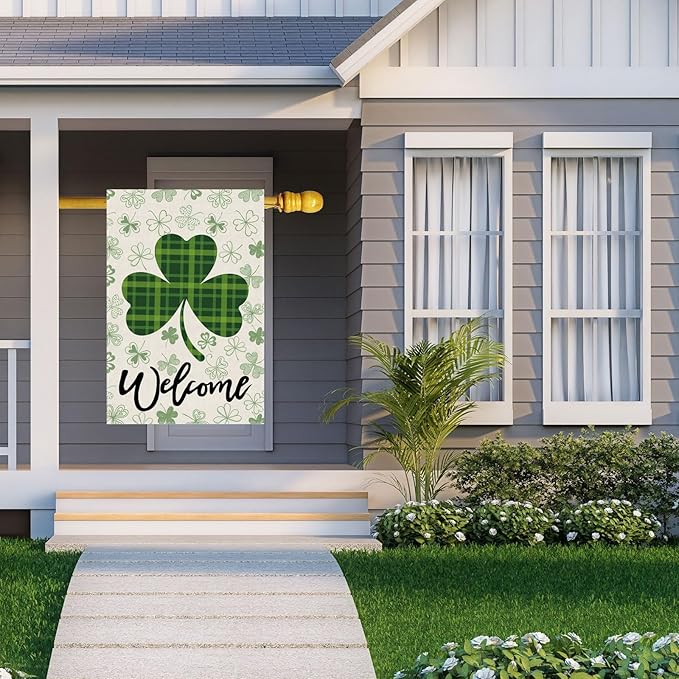 Welcome St. Patrick's Day Green Plaid Shamrocks Clovers House Flag Large Burlap 28X40 Inch Vertical Double Sided Outside Yard Holiday Outdoor Farmhouse Decoration