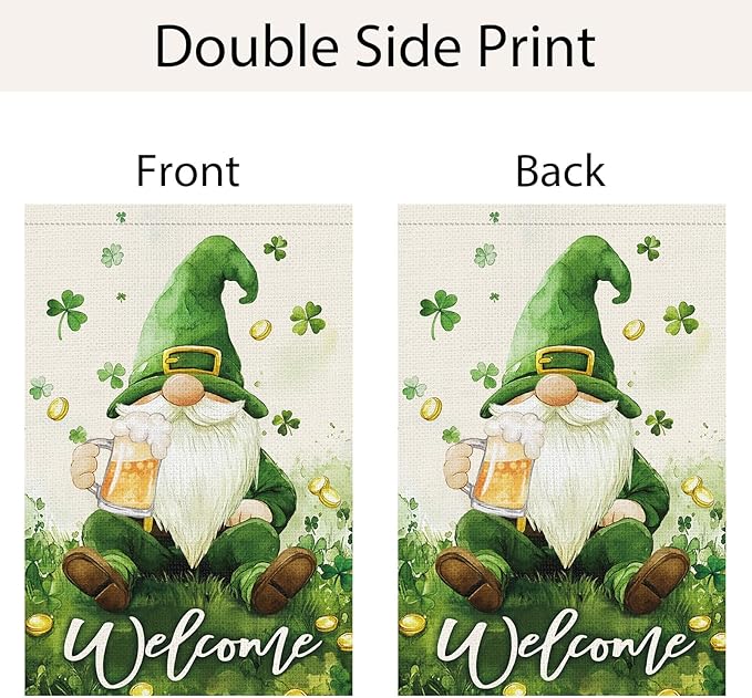 St Patricks Day Gnome House Flag 28x40 Inch Double Sided，Lucky Shamrocks Large Burlap Flag Welcome Irish Holiday Yard Outdoor Decor