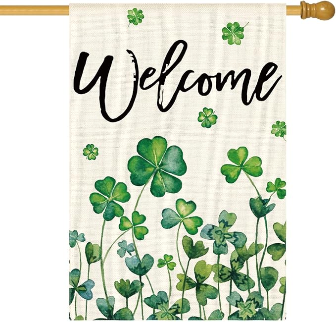 AVOIN colorlife St Patricks Day House Flag 28x40 Inch Double Sided Outside, Shamrocks Four-leaf Clovers Welcome Yard Outdoor Flag