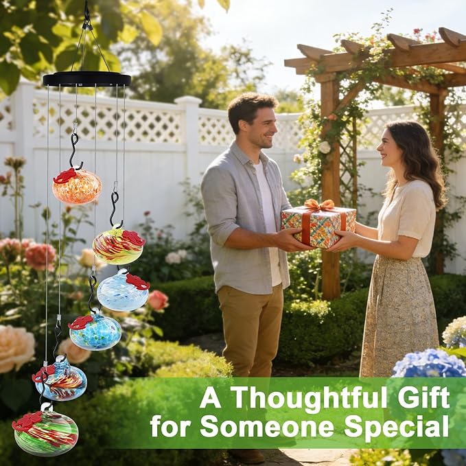 Glass Hummingbird Feeder Wind Chimes for Outdoors Hanging, Hand Blown Glass with 6 Glass Balls, Leak-Proof & Bee Proof for Outdoor Garden Decor for Bird Lovers