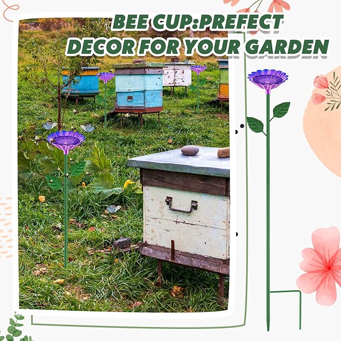 Tandefio 1 Pcs Bee Bath Watering Station, 25 x 2.6 Inch, Metal Flower Bee Feeder for Garden, Colorful Butterfly Feeder & Outdoor Pollinator Station for Birds, Bees & Butterflies(Purple)