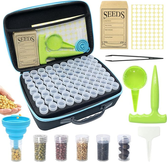 140 Slots Seed Storage Organizer Kit with 20 Envelopes, Waterproof Seed Storage Box, Transparent Bottles, Tweezers, Funnel, Sower for Vegetable Flower Garden Seeds Saver Kit for Vegetable