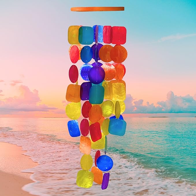 Bellaa Handmade Wind Chimes Outdoor, Musical, Garden Decorations, Beach, Ocean, Breeze, Gifts for Mom, Outside Windchimes, 63pcs, Capiz, Shells, Sea, Glass, Wood, Rainbow