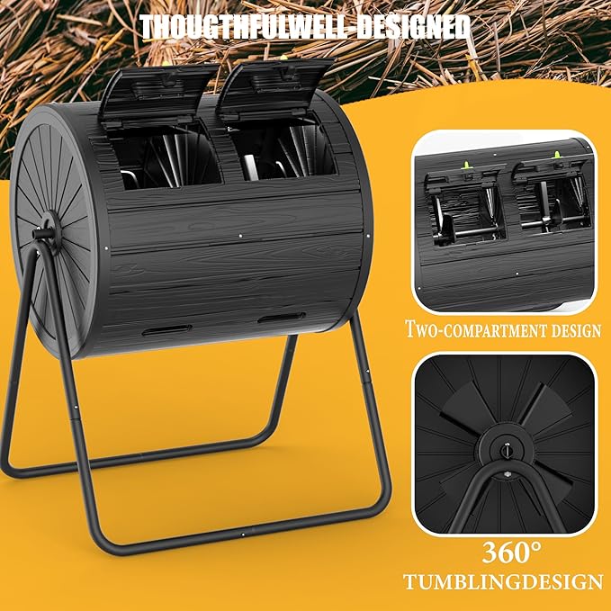 EasyUp Compost Bin Outdoor Dual-Chamber Outdoor Compost Tumbler, 37.5-Gallon Efficient Rotating Composter, UV-Resistant and Weatherproof, for Garden, Kitchen, and Yard (Black)