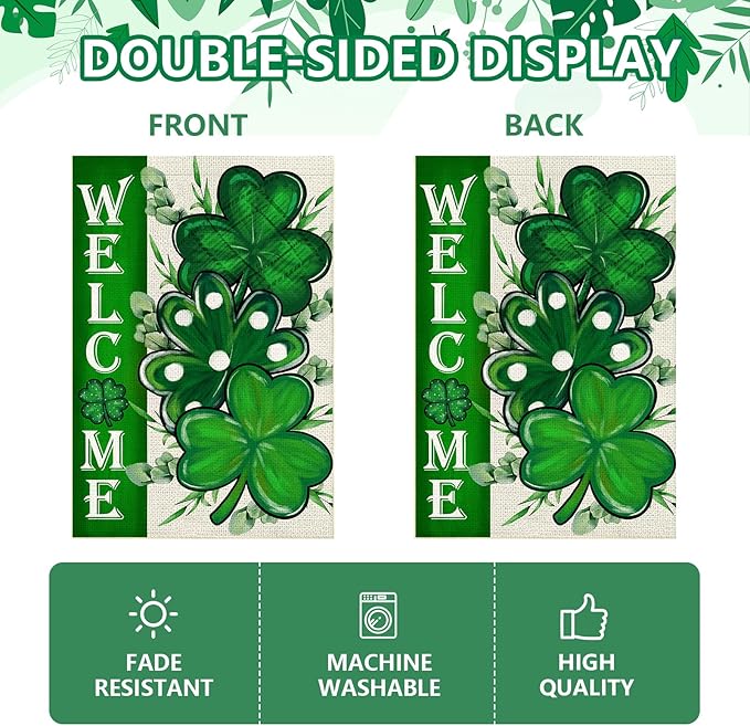 St Patricks Day Shamrocks Garden Flag 12x18 Inch, Double Sided Green Clovers Welcome Flag for Yard Outdoor Decoration