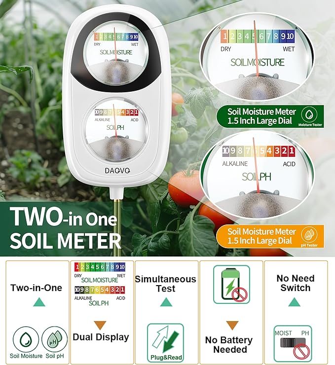 2-in-1 Moisture Meter for Plants, Soil Moisture Meter & PH Tester, Large Dual-Screen Soil Test Kit, Essential Garden Tools for Indoor/Outdoor Plant, Lawn, Farm, No Battery Needed