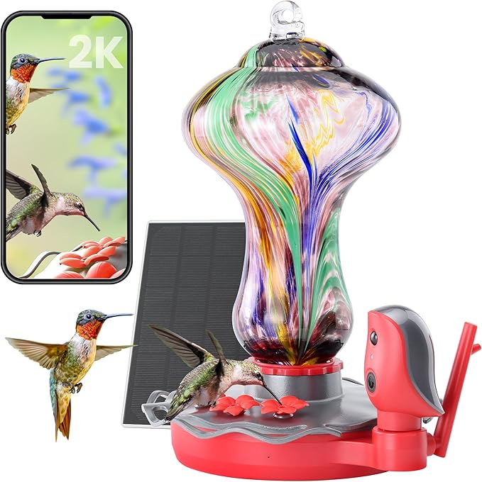 TT Nature Glass Smart Hummingbird Feeder with Camera Solar Powered 2K- AI Identify & Water Detection, Instant Notification, Leakproof & Ant Moat, Compatible with Alexa & Google Assistant