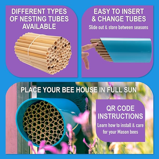 Rivajam Color Splash Mason Bee House - Vibrant & Strong Waterproof Bee Hotel & Insect Habitat - Mason Bee Tubes Filled Bee Houses for The Garden - Pollinator House Bug Hotel Gardening Gifts