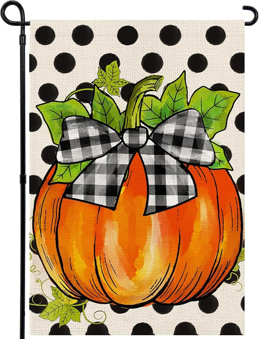 Hello Fall Pumpkin Garden Flag 12x18 Inch, Double Sided Autumn Thanksgiving Holiday Burlap Yard Flag for Outdoor Decoration