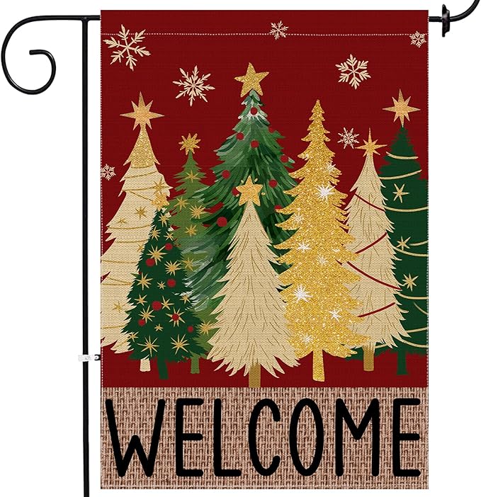 Merry Christmas Garden Flag, Christmas Trees Yard Flag 12x18 Double Sided Red Outdoor Decorations, Winter Trees Holiday Decor Welcome Burlap Garden Flag Rustic Outdoor Farmhouse Xmas for Porch Yard
