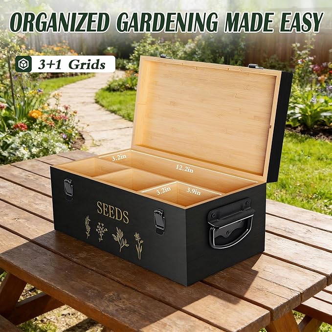 Bamboo Seed Storage Organizer, Large Garden Seed Organizer with Lid & Safety Lock & Handles, Seed Box Storage Organizer Includes Seed Envelopes and Labels etc, Great Gifts Gardening Kit (Black)