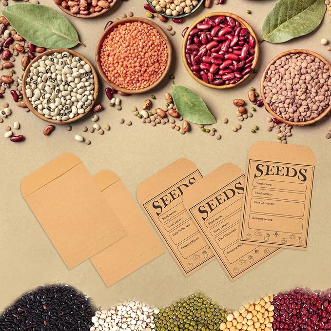 150pcs Seed Saving Envelopes, 4.7x3.1 Inch Reusable Seed Kraft Storage Organizer Packets Envelopes Printed with Types Name Template for Flower Vegetable Plants Garden Seeds Saving & Collecting
