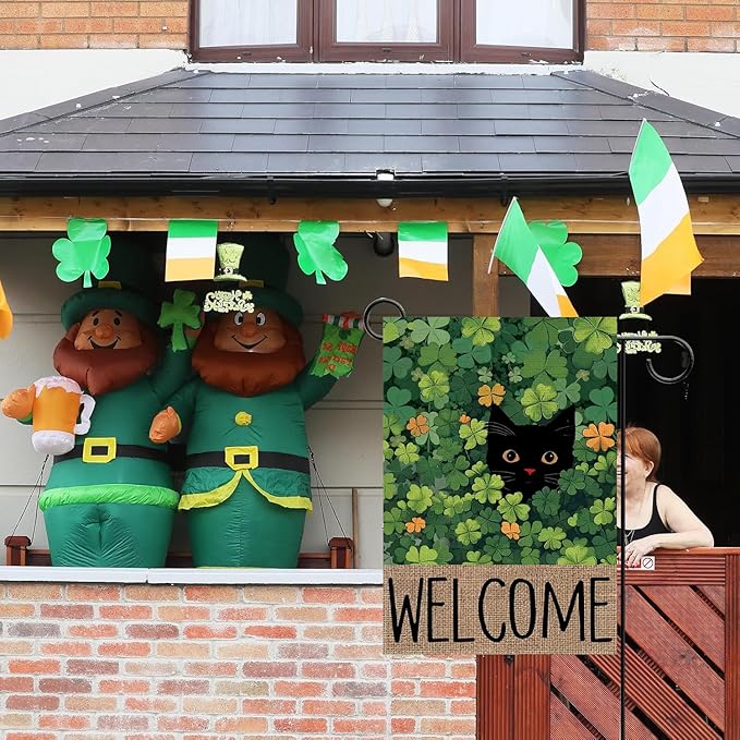 St Patricks cat Garden Flag 12x18 Inch Double Sided Outside Black Cat Welcome Spring Holiday Shamrocks Holiday Yard Outdoor Flag Home Decor