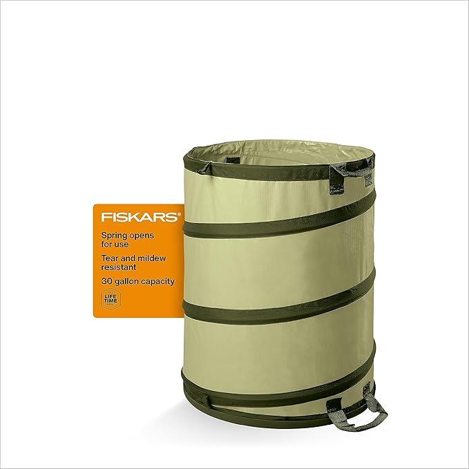 Fiskars Kangaroo Collapsible Garden Bag with Heavy Duty Hardshell Bottom for Yard Waste, 30 Gallon Reusable Container for Lawn Care and Gardening