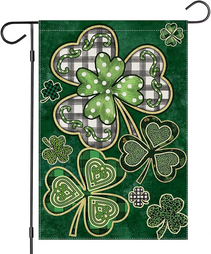 St Patricks Day Garden Flags 12x18 Inch Double Sided, Irish Celtic Shamrocks Small Seasonal Decoration for Holiday Anniversary Yard Outside Outdoor Decor