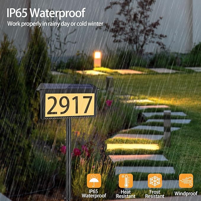 House Numbers for Outside Solar Powered, 3 Pack 3-Color LED Illuminated Solar Address Sign Plaques Waterproof with Stakes, Outdoor Lighted Home Number for Yard Garden Street