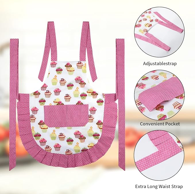G2PLUS Apron for Women with Pockets, Extra Long Ties Cotton Apron Perfect for Kitchen Cooking, Baking and Gardening (Mama and Me Set)